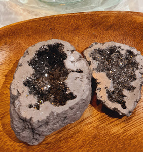 Titanium Aura Quartz Geode in silver. Coated in precious metals