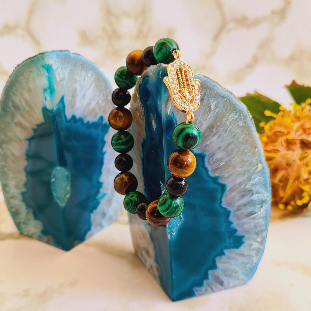 Crystal-bracelet-Malachite-Tigers-Eye-Black-Obsidian (Hamsa Hand)