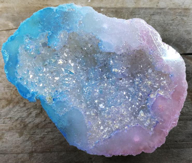 Aura Quartz Geode in pink & blue. Coated in precious metals.