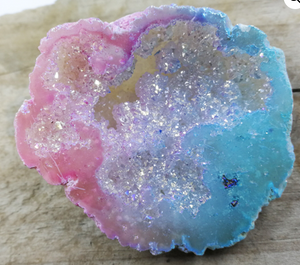 Aura Quartz Geode in pink & blue. Coated in precious metals.
